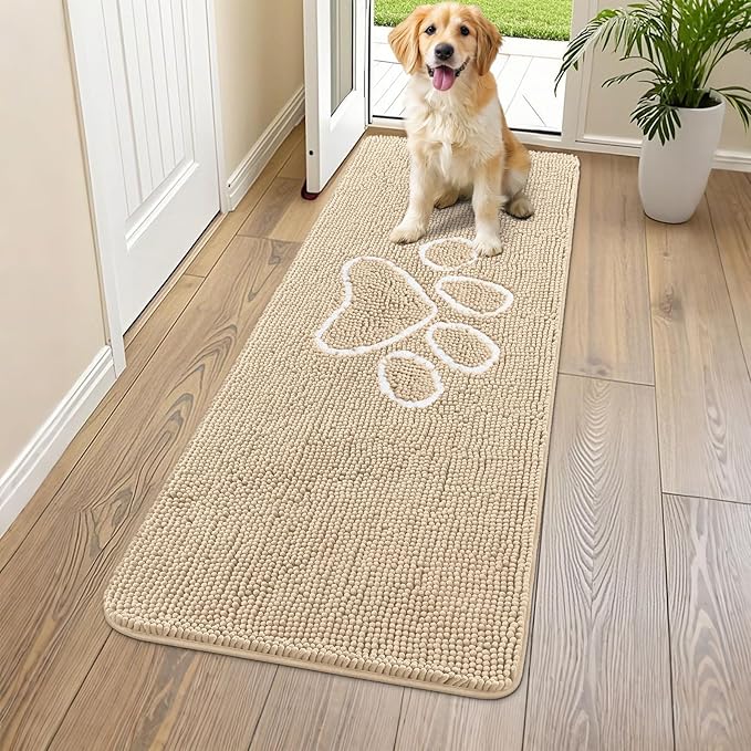 Smiry Dog Door Mat for Muddy Paws, Absorbent Dirt Trapper Non Slip Quick Dry Washable Chenille Mat for Mud Dogs, Entry Rug for Indoor and Outdoor (59x20 Inches, Beige and White)