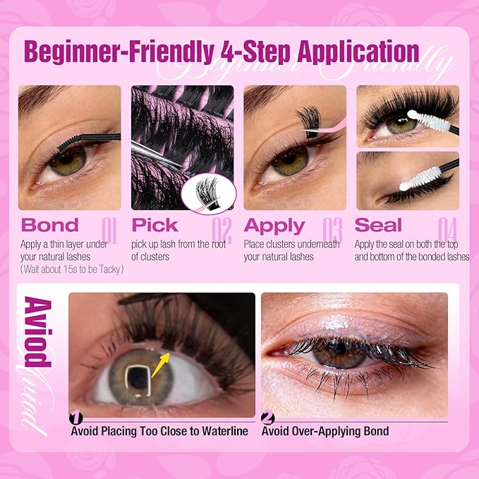 Yawamica Fluffier Lash Extension Kit Thick 200D Volume Eyelash Extension Kit 14-20mm Wispy Lash Clusters Kit D Curly Individual Lashes with Bond and Seal lash Tweezers DIY Cluster Eyelash Extensions