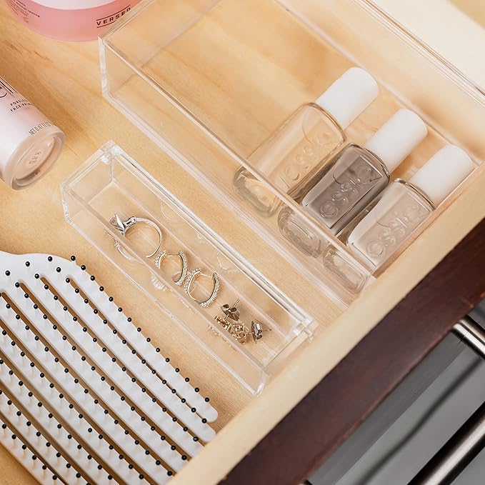 Hammont Clear Acrylic Box with Hinged Lid – Small Plastic Organizer for Office, Desk, Makeup, Crafts, Cotton Balls, Jewelry & More | 5"x1"x1.5" (6 Pack)