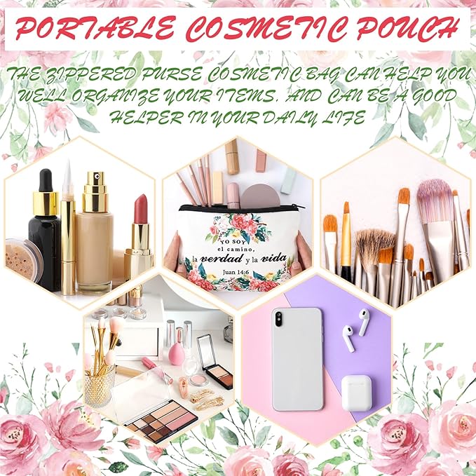 Pinkunn 16 Pcs Valentines Canvas Makeup Bags Bulk Inspirational Christian Women Religious Galentine Gifts Inspirational Bible Verse Pencil Pouch Makeup Bags with Zipper for Travel(Spanish Floral)