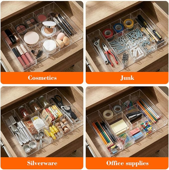 Large Acrylic Desk Deep Drawer Organizer with Adjustable Dividers, Anti-Skip Clear Desk Top Organizer Tray for Pens, Desktop, Office, Bathroom, Kitchen, Makeup Supplies(10 Compartments)