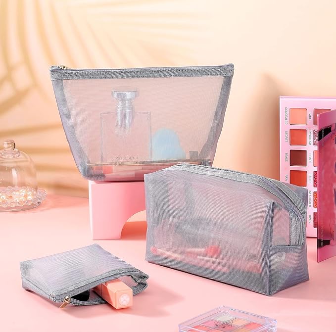Boao 3 Piece Mesh Cosmetic Bag Mesh Makeup Bag with Zipper Pouch Travel Toiletry for Makeup Organizer Home Office Travel Accessories(Grey)