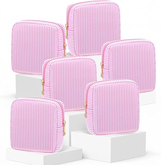 Sanwuta 6 Seersucker Cosmetic Bag Bulk Pinstripe Makeup Bag for Women Aesthetic Cute Travel Toiletry Organizer Preppy Storage Pouch for Wedding Bridesmaid Christmas Gift (Small,Pink)