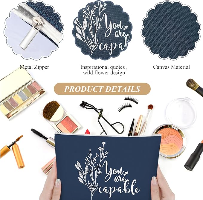 Coume 10 Pcs Valentines Canvas Makeup Bags Bulk, Inspirational Quotes Cosmetic Zipper Encouragement Travel Pouch Toiletry Bag Women Teacher Friend Birthday Gift(Natural Color,Aesthetic)