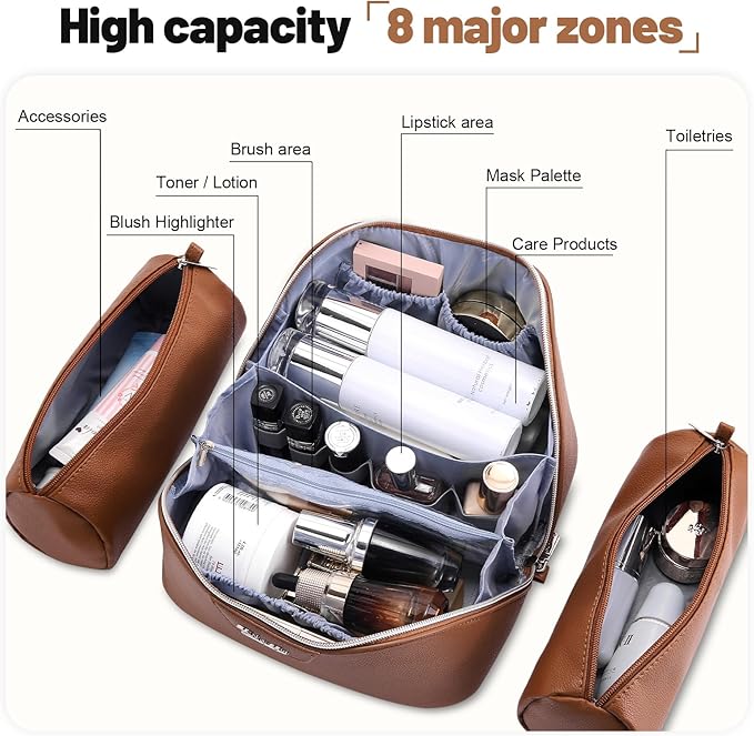 BOYATU Travel Makeup Bag Cosmetic Bags for Women: Large Capacity 3 Pcs Set Make up Bag with Compartments - Waterproof Vegan Leather Toiletry Organizer Bags with Handle (N-66Brown)