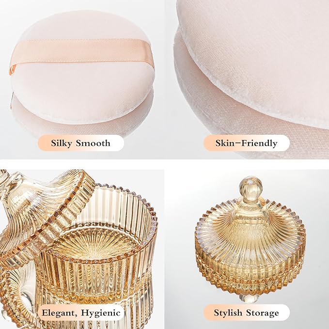 2 Piece Dusting Powder Container with Puff - Large Body Powder Puff and Container, Crystal Glass Powder Container with Puff Soft Velour Washable Reusable Face & Body Use (Amber)