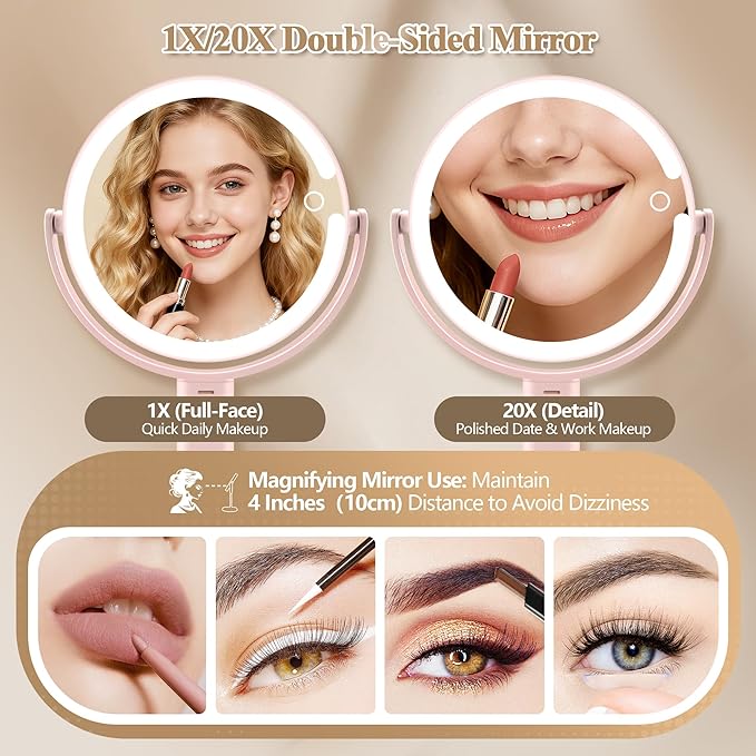 Makeup Mirror with Lights, Double Sided 1x/20x Magnifying Mirror with Light, Rechargeable 3 Color Lights and Adjustable Brightness, 360° Rotation Detachable Comes with Tweezer(Pink)