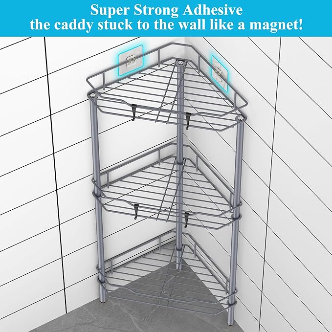 3 Tier Floor Standing Corner Shower Caddy Organizer Shelf with Hooks, Bathroom Shelves Stand Rack, Dark Gray