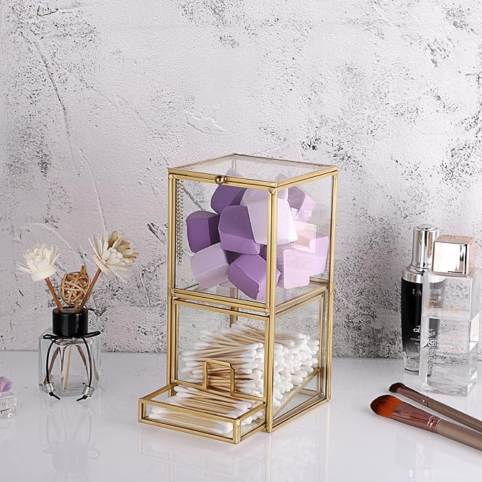 Hipiwe Gold Glass Qtip Holder with Lid 2 Compartments Cotton Balls Swab Organizer Cotton Round Pads Holder Makeup Pad Cosmetic Storage Case Q-tip Dispenser for Dresser Countertop
