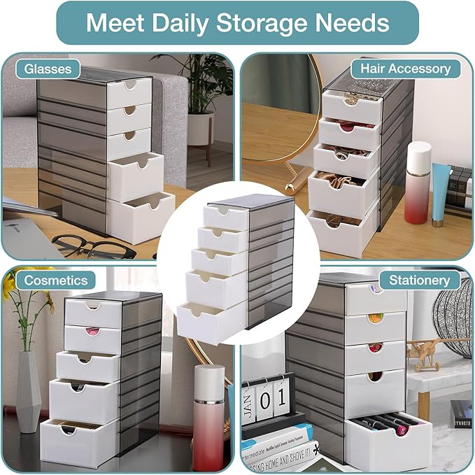 Hair Accessories Organizer with Removable Drawer, Large Capacity Desk Organizer Box with Stackable Cases, Hair Styling Storage Box for Hair Ties, Clips&Pins, 5-Tier Plastic Containers, Clear Black