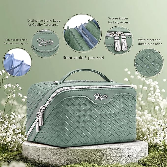 BOYATU Travel Makeup Bag Cosmetic Bags for Women: Large Capacity 3 Pcs Set Make up Bag with Compartments - Waterproof Vegan Leather Toiletry Organizer Bags with Handle (L36 Grass Green)