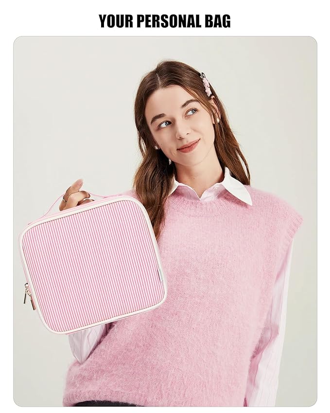 Relavel Travel Makeup Bag With LED Mirror, Portable Cosmetic Bag Organizer with Adjustable Brightness in 3 Color Scenarios, Small Cute Train Case with Detachable Dividers for Trip- Pink Strip