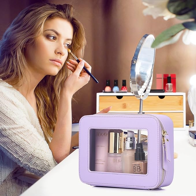 Clear Makeup Bag Women's Waterproof Travel Cosmetic Case and Toiletry Bag Portable Makeup Organizer Bag for Car with Zipper (Purple, M)