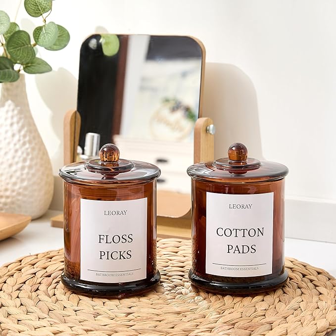 2 Pack Glass Qtip Holder Dispenser with Lids, Airtight Waterproof, 16 Oz Vanity Organizer Bathroom Canisters for Cotton Swabs, Balls, Pads, Floss Picks, Restroom Kitchen Storage Jars, Amber