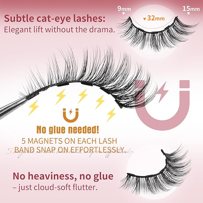 Magnetic Eyelashes with Eyeliner Cat Eye Natural Magnetic Lashes with Applicator No Glue Needed Wispy Magnet Lash 5 Pairs Strip Lashes with Magnet Eyeliner