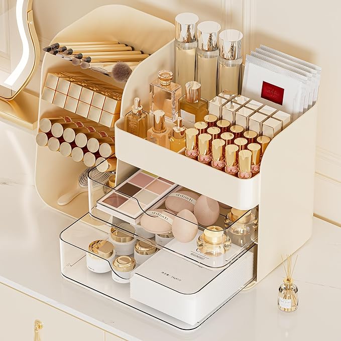 FYABREEK Makeup Organizer with 2 M Drawers & Brush Holders - Cosmetic Storage Case for Vanity, Bathroom Countertop & Desk - Skincare & Office Supplies Organizer (Cream, M)