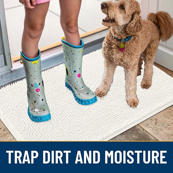 Smiry Dog Door Mat for Muddy Paws 59x24, Absorbs Moisture and Dirt Doormat, Non-Slip Washable Quick Dry Chenille Front Door Mat Indoor Entrance, Entryway Carpet for Inside Floor, Ivory