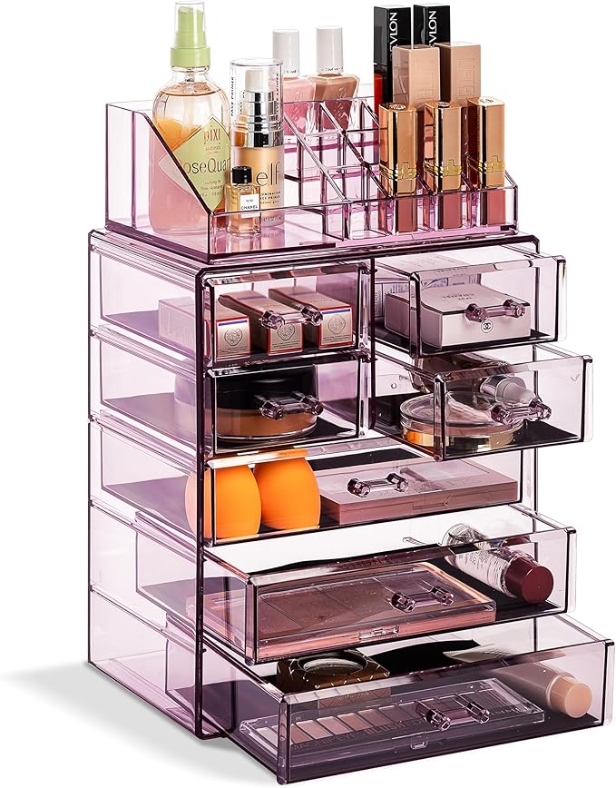 Sorbus Acrylic Makeup Organizer Set, 7-Drawer Vanity & Countertop Cosmetic Storage with Small & Wide Compartments, Purple Makeup Storage for Brushes, Jewelry – Holiday Gift for Women & Teens