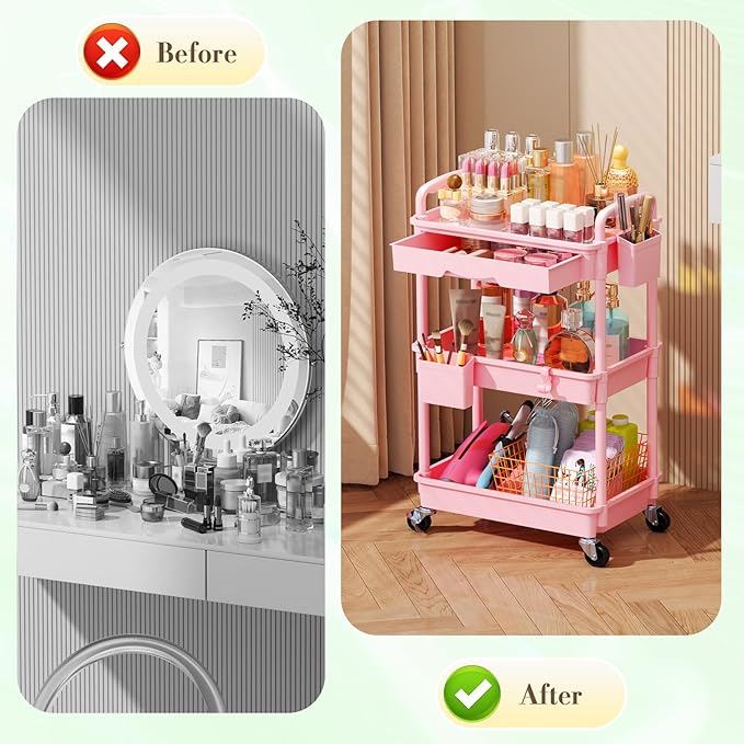 Makeup Cart Organizer with Drawers, Floor Skincare Organizers Vanity Storage Organizer, Rolling Makeup Bathroom Storage Cart Cosmetics Display Cases for Skin Care Perfume Nail Polish, Pink