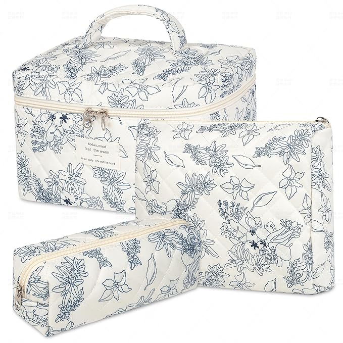senbowe Floral Makeup Bag, 3 Pack Large Cotton Quilted Makeup Bag Set, Cute Floral Coquette Aesthetic Toiletry Bag Make Up Cosmetic Bag for Women, Toiletry Travel Make Up Organizer Bag