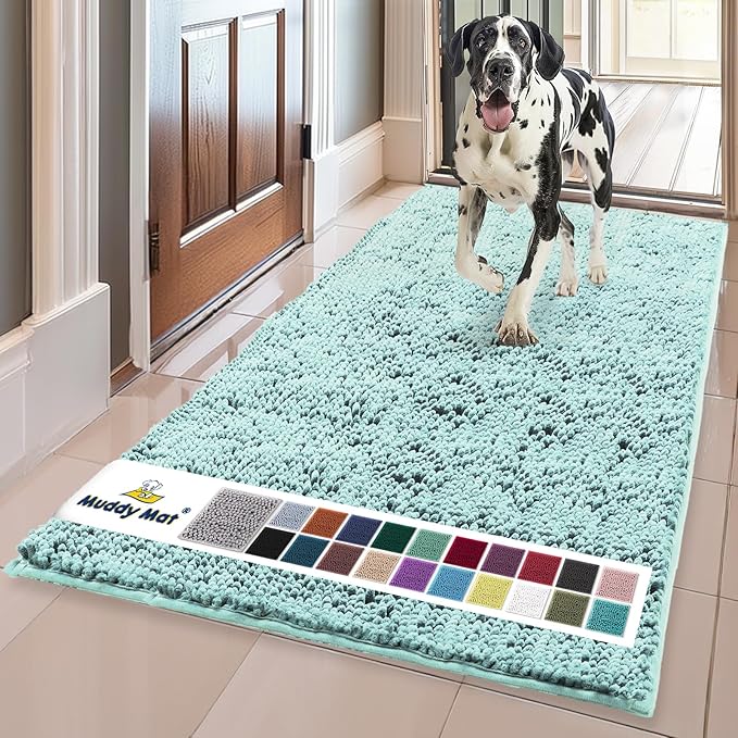 Muddy Mat® | Super Absorbent Door Mat Indoor, Microfiber Quick Dry Chenille Entryway Rug, Non-Slip Front Door Mat, Indoor Mats for Entryway, Machine Washable Pet Rug, Seafoam Green 24" x 120"