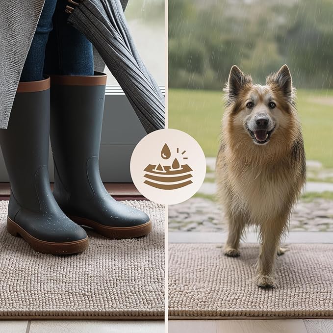 EHEYCIGA Super Absorbent Dog Door Mat for Muddy Paws 30x20 Inch Indoor, Front Doormat Outside Entrance, Quick Dry Chenille Washable Dog Crate Bed, Non-Slip Pet Rug Mud Mat Outdoor Entryway, Beige