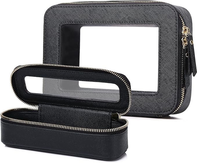 Clear Travel Makeup Bag with Brush Case Portable Transparent Cosmetic Bag and Toiletry Bag Waterproof Makeup Organizer with Zipper Car Essential for Women (Black, M+Slim)