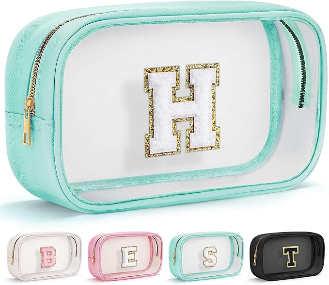 YOOLIFE Initial Make Up Bag Travel Toiletry Bag, Clear Makeup Bag Travel Essentials Gifts for Women Teen Girlfriend Teacher Birthday Swim Gifts For Girls 12 Year Old Girl Gifts Girl Gifts Blue H