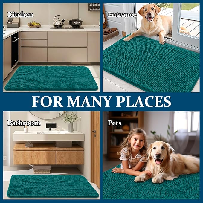 OLANLY Dog Door Mat for Muddy Paws 54x32, Absorbs Moisture and Dirt, Absorbent Non-Slip Washable Doormat, Quick Dry Chenille Mud Mat for Dogs, Entry Indoor Entryway Carpet for Inside Floor, Lake Blue