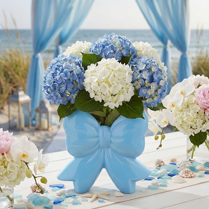 Bow Vase Coquette Ceramic Vase Pen Holder Makeup Brush Holder Contemporary Design Decorative Women Gift for Christmas Home Office Shelf Table Room(Blue,Small,Classic)