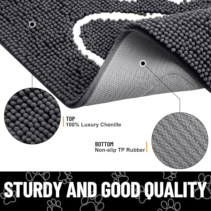 Smiry Dog Door Mat for Muddy Paws, Absorbent Dirt Trapper Non Slip Quick Dry Washable Chenille Mat for Mud Dogs, Entry Rug for Indoor and Outdoor (70x24 Inches, Dark Grey and White)