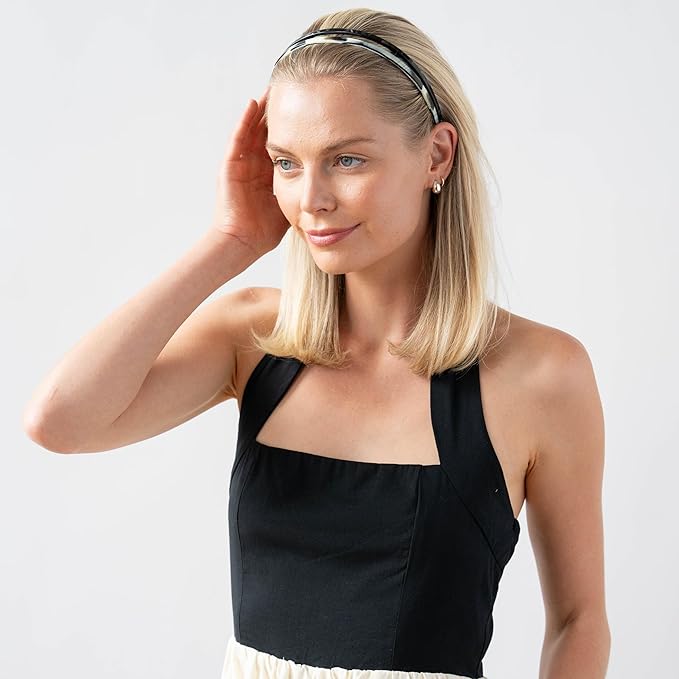Black Headband for Women, 1/4" Ultracomfort Thin Headband, Nacro Marbled Black, Flexible Fit with No Slip Gentle Teeth, All-Day Hold | France Luxe