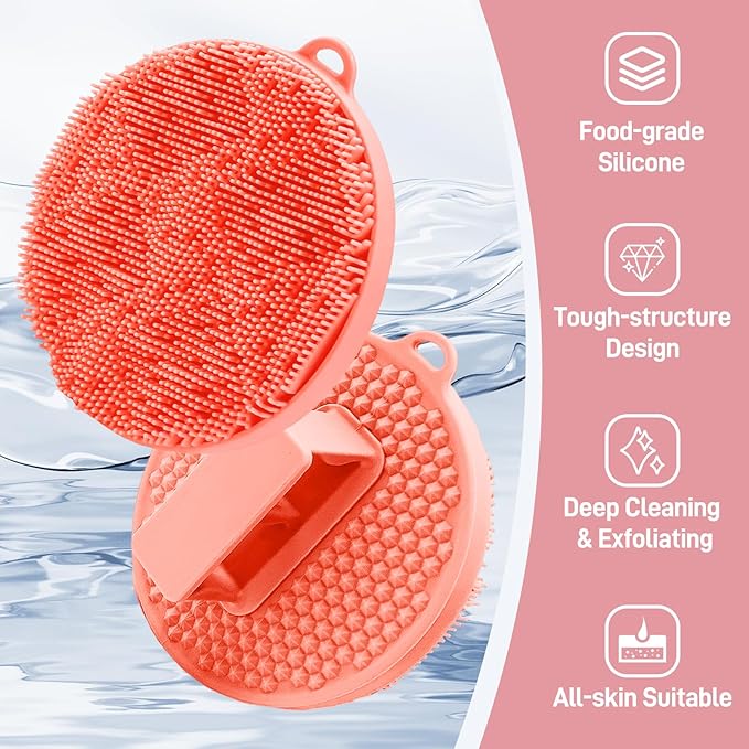 Silicone Face & Body Scrubber Set, Exfoliating Body Scrubber Face Scrubber with Dense Bristles & Non-Slip Handle, Gentle Silicone Loofah Face Brush for Good Lathering and Deep Cleansing(Pink)