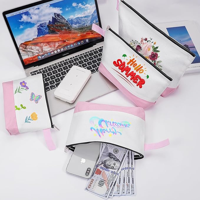 10 Pieces Cotton Canvas Makeup Bag with Bottom and Strap, Multi-Purpose Cosmetic Bag with Zipper Travel Toiletry Pouch, Blank DIY Craft Bag (White&Pink, M)