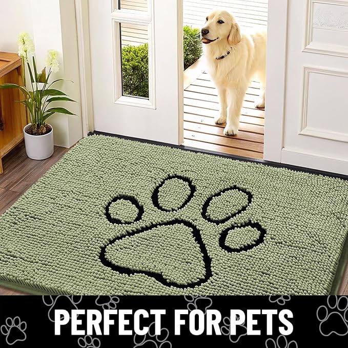 Smiry Dog Door Mat for Muddy Paws, Absorbent Dirt Trapper Non Slip Quick Dry Washable Chenille Mat for Mud Dogs, Entry Rug for Indoor and Outdoor (30x20 Inches, Sage Green and Black)