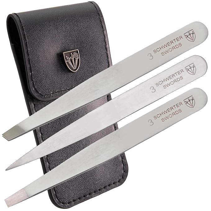 3 Swords Germany – stainless steel precision tweezer set “SILVERADO”, slanted, straight, pointed eyebrows hair, synthetic leather case by 3 Swords