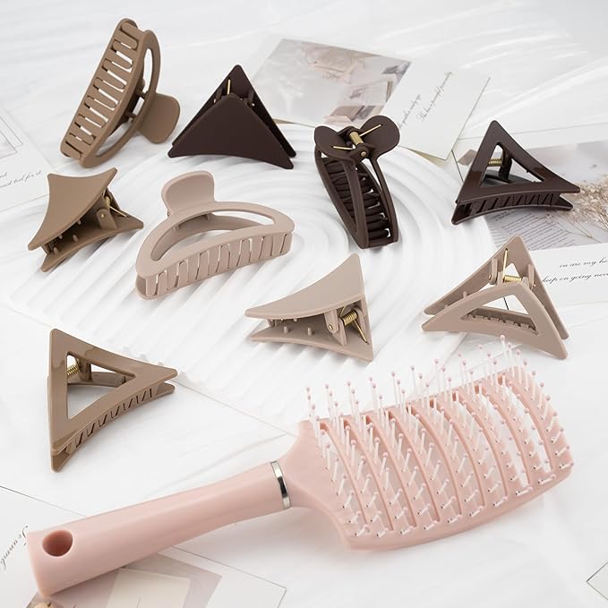 COZYISLE Neutral Tones Hair Accessories Set - 9 Medium Hair Clips (Arched & Triangle), 1 Hair Brush | Non-Slip Hair Clips for Thin Hair (Soft Pink, Beige, Brown)