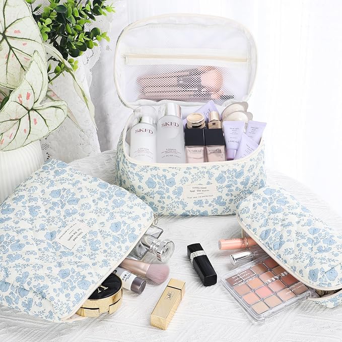senbowe Floral Cherry Makeup Bag, 3 Pack Large Cotton Quilted Makeup Bag Set, Cute Floral Coquette Aesthetic Toiletry Bag Make Up Cosmetic Bag for Women, Toiletry Travel Make Up Organizer Bag