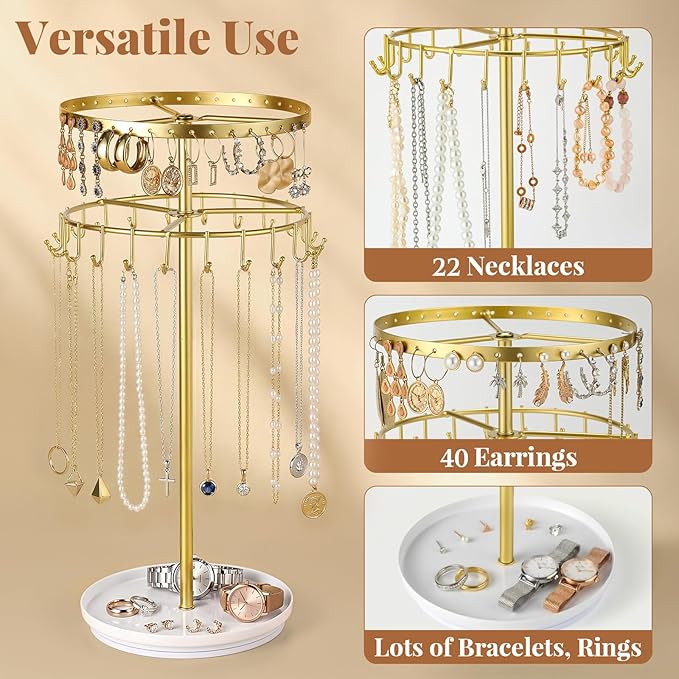 LANDNEOO Necklace Holder Jewelry Organizer, 360° Rotating 3-Tier Jewelry Stand Display, 14.3" Holds 80 Pcs, Earring Holder, Bracelet Ring Holder, Jewelry Organizer and Storage For Women Vanity Dresser
