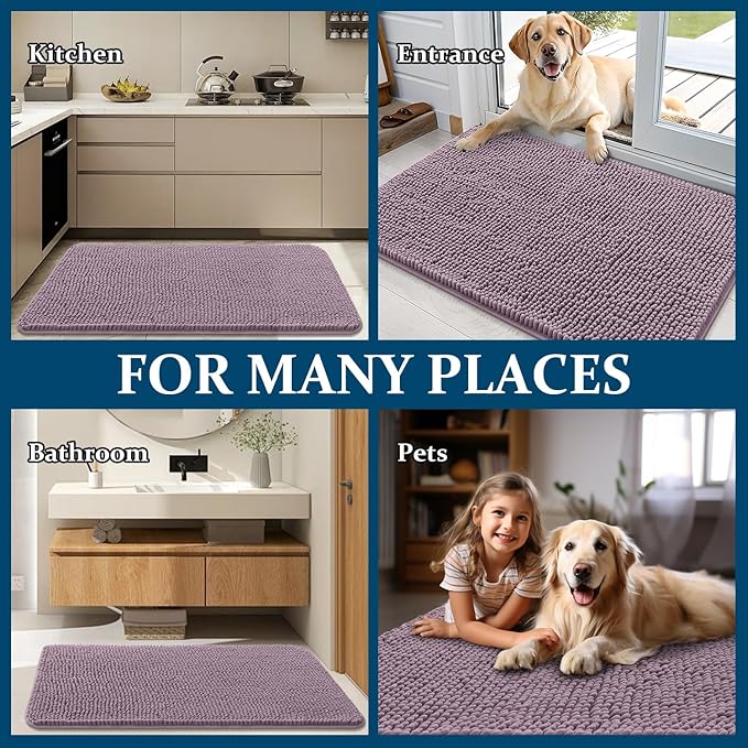 OLANLY Dog Door Mat for Muddy Paws 30x17, Absorbs Moisture and Dirt, Absorbent Non-Slip Washable Doormat, Quick Dry Chenille Mud Mat for Dogs, Entry Indoor Entryway Carpet for Inside Floor, Deep Plum