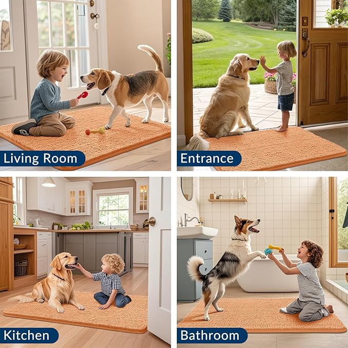 Smiry Dog Door Mat for Muddy Paws 47x24, Absorbs Moisture and Dirt Doormat, Non-Slip Washable Quick Dry Chenille Front Door Mat Indoor Entrance, Entryway Carpet for Inside Floor, Orange