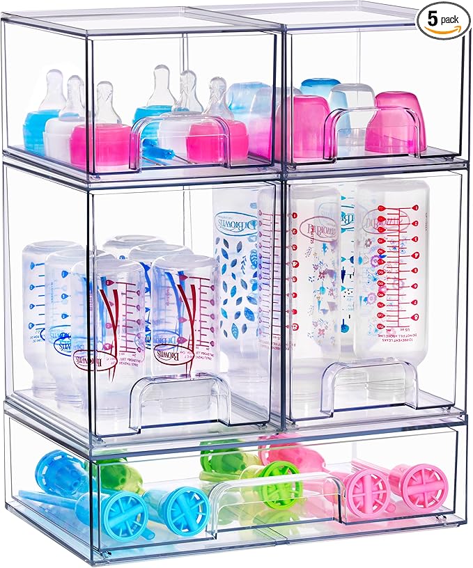 Sorbus Stackable Acrylic Storage Drawers – 2 Small + 2 Tall + 1 Wide – 5 Pack Clear Plastic Organizer Bins for Baby Bottles, Makeup, Bathroom & Vanity, Pull-Out Drawer Design for Kitchen Cabinets