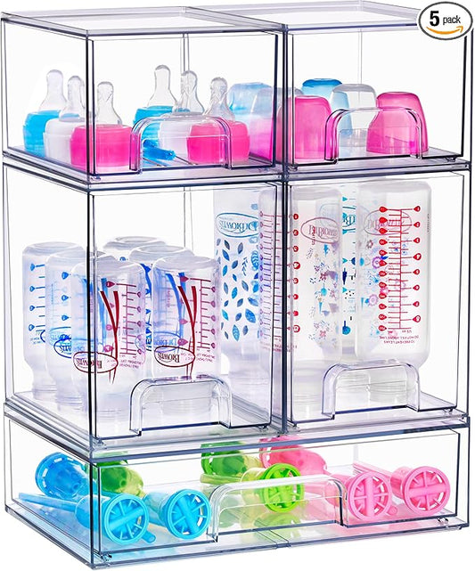 Sorbus Stackable Acrylic Storage Drawers – 2 Small + 2 Tall + 1 Wide – 5 Pack Clear Plastic Organizer Bins for Baby Bottles, Makeup, Bathroom & Vanity, Pull-Out Drawer Design for Kitchen Cabinets