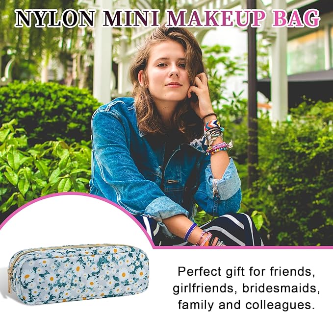 Nylon Floral Small Makeup Bag Slim Pouch, Cute Preppy Makeup Brush Bag Portable Make up Pouch with Zipper, Waterproof Travel Toiletry Bag Coin Purse Storage Organizer for Women Girls(Green Daisy)