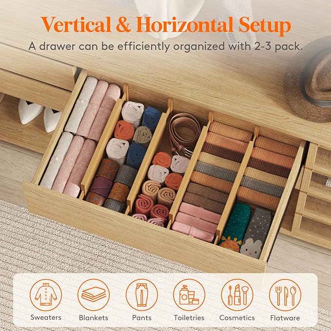 Lifewit 6 Pack 5" Deep Bamboo Drawer Dividers, 17.5-22" Expandable Drawer Organizers for Clothes, Adjustable Dresser Drawer Divider, Clothing Drawer Separators for Dresser, Bedroom, Bathroom, Kitchen