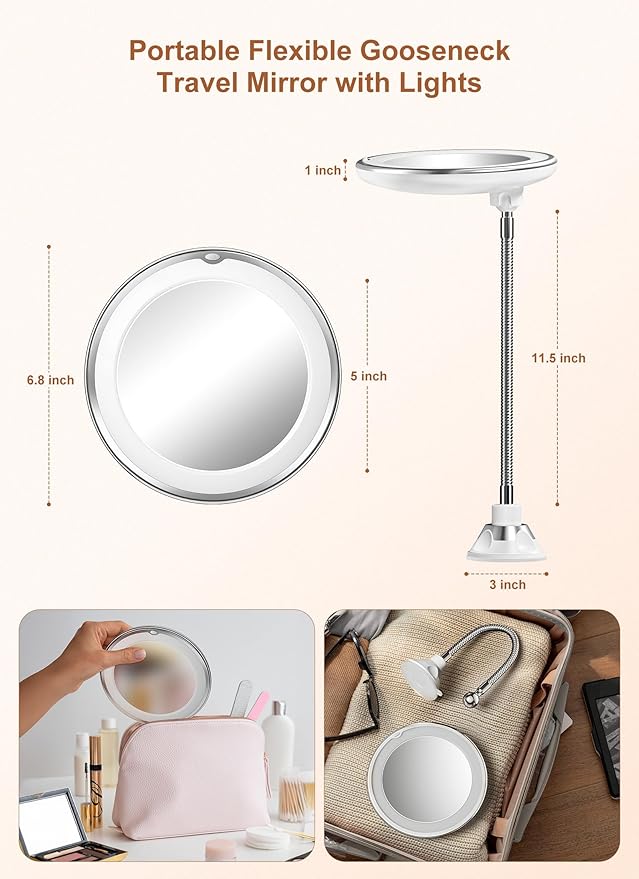 Brightown 10x Magnifying Mirror with Light, Flexible Gooseneck Make up Mirror with Lights and Magnification, Battery Operated Cordless with Suction Cups for Wall Bathroom Silver 1 Lighting