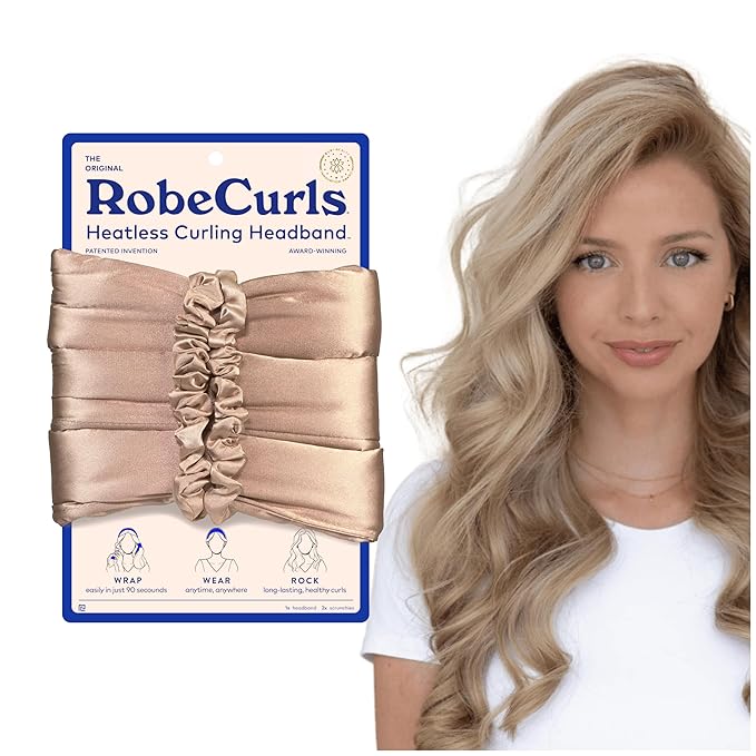 RobeCurls Original Heatless Hair Curler Set with 2 Scrunchies - Patented Satin Curling Headband with Wire Hold for Heatless Curls Overnight - Gentle Hair Curlers to Sleep In for Women & Kids, Cream