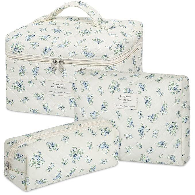 senbowe Floral Makeup Bag, 3 Pack Large Cotton Quilted Makeup Bag Set, Cute Floral Coquette Aesthetic Toiletry Bag Make Up Cosmetic Bag for Women, Toiletry Travel Make Up Organizer Bag