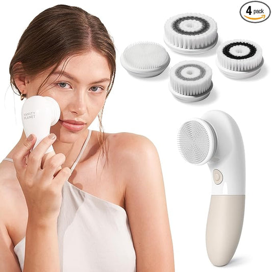 Vanity Planet Raedia Facial Cleansing Brush - Electric Facial Cleansing Brush with 4 Exfoliating Brush Heads - Waterproof, Handheld, Lightweight for Face Scrubber and Exfoliating Face - Warm Grey