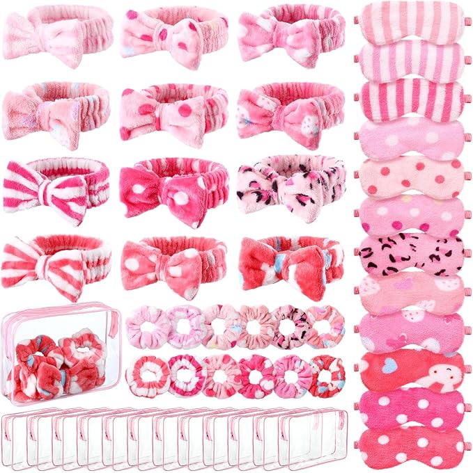 Kajaia 48 Pcs Sleepover Party Supplies for Girls Spa Part Favor Slumber Party Supplies for Women Headband Eye Mask Hair Scrunchies Toiletry Bag